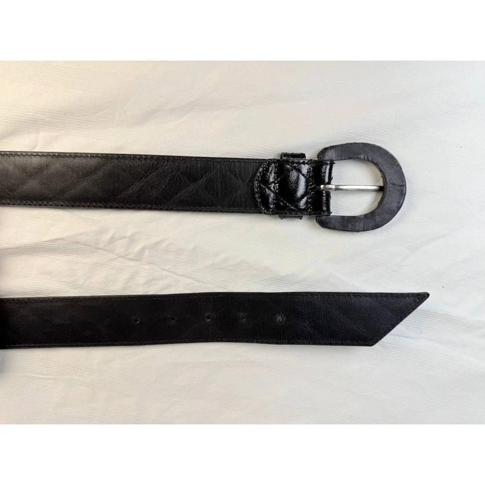 Talbots Black Patent Quilted Leather Belt Oval Buckle XS Genuine Leather